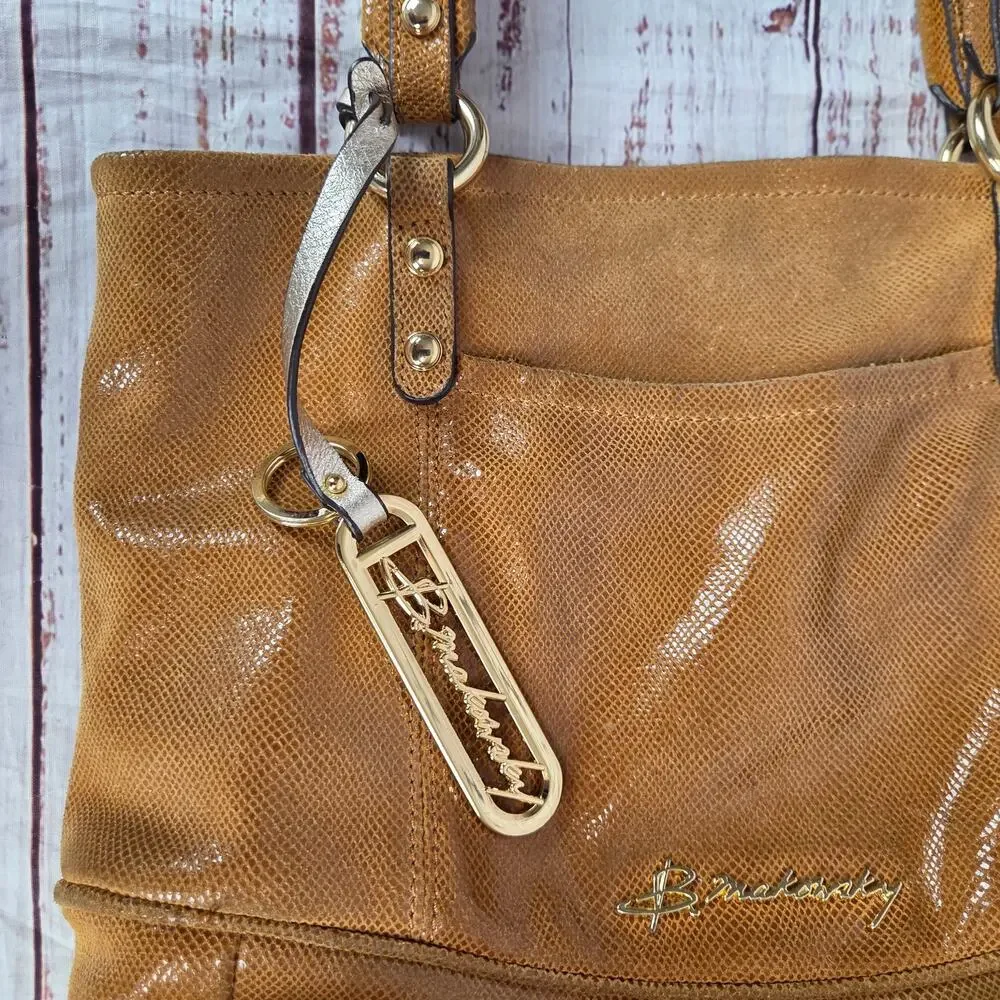 B Makowski Snakeskin Embossed Tan Tote Gold Tone Logo Hardware Casual Purse Bag
